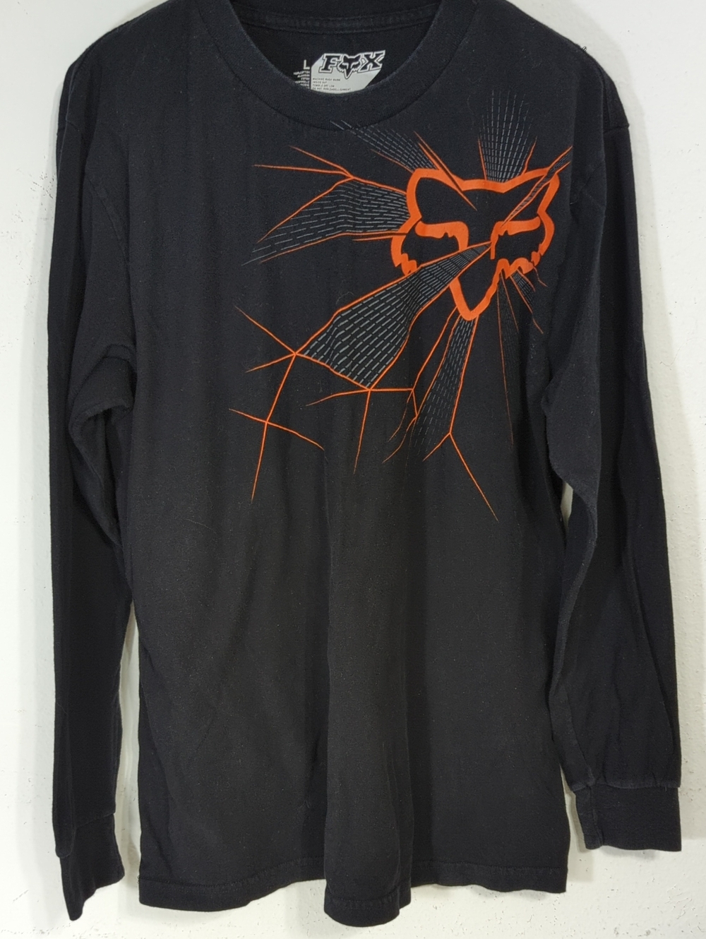 Fox Men’s Black Long Sleeve Graphic Tee with Orange Logo Large
